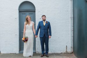 Bride and groom after their wedding in Islington town hall London