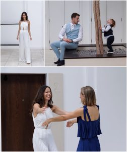 Bride greeting guests before her London wedding
